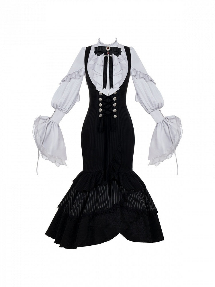 Gothic Lolita 4-Piece Set: Jabot Collar Poet Sleeve Shirt & Fish Tail Skirt - With PUJI