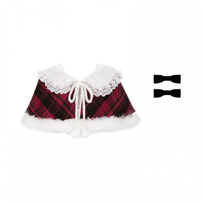 Trim Cape Lace Plush Winter Lolita and Fur with Reversible Pattern Plaid