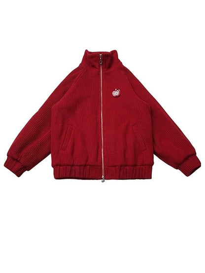 Red - Knit Patch Jacket Banded Brooch Apple Collar