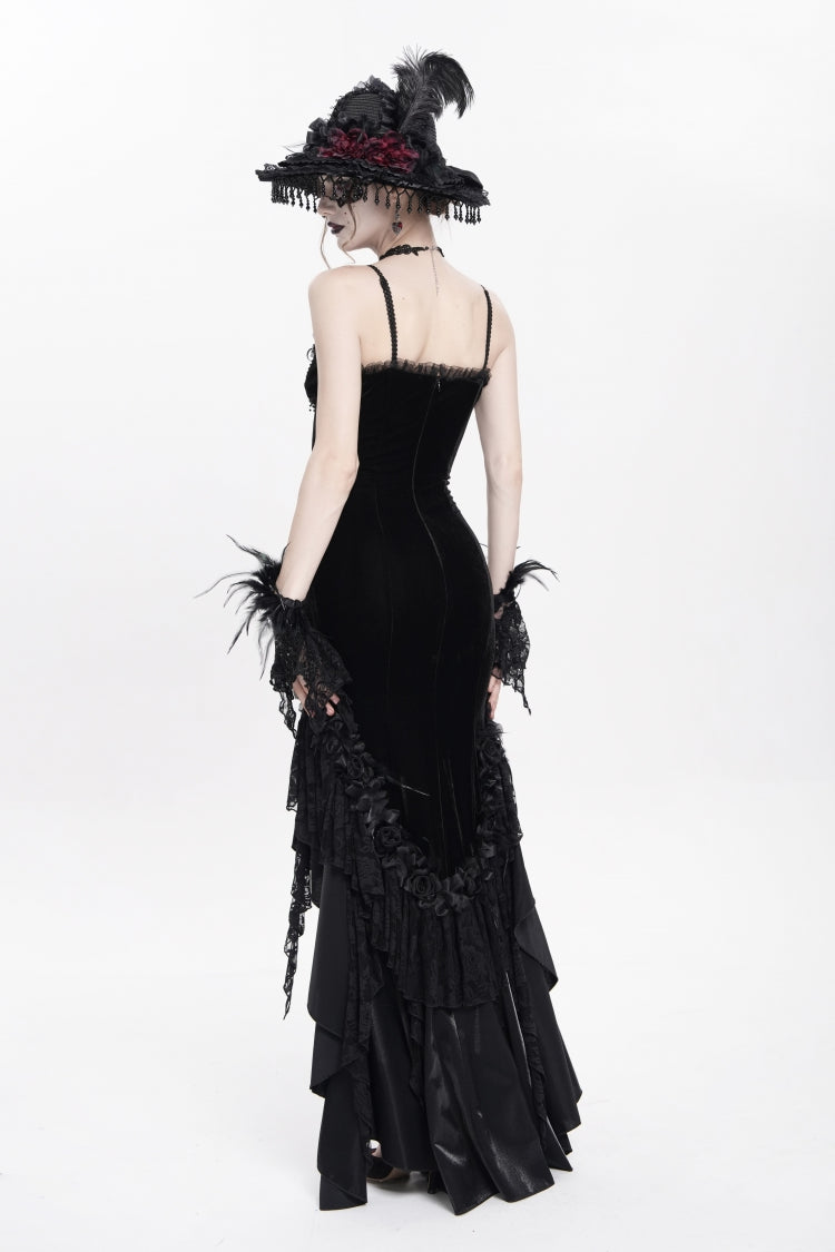 Black Cross Ruffled Floral Embroidered Chain Gothic Slip Dress