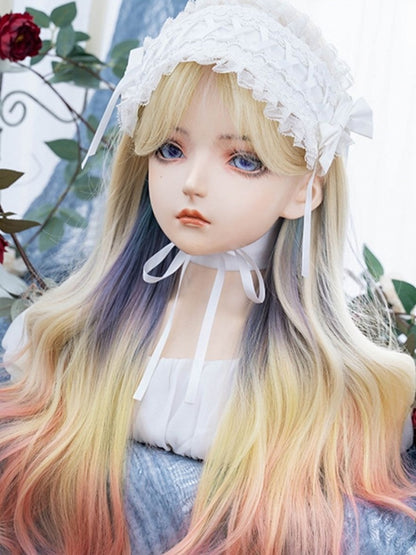 Lange, gewellte Kunsthaarperücke in Regenbogenfarben mit Vorhangpony