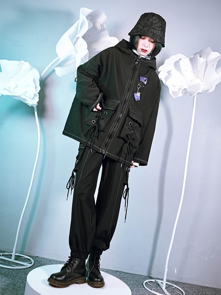 Black Cape 3D Drawstring Gothic Butterfly Pockets Crisscross with Hooded Embroidery Fleece-Lined Jacket