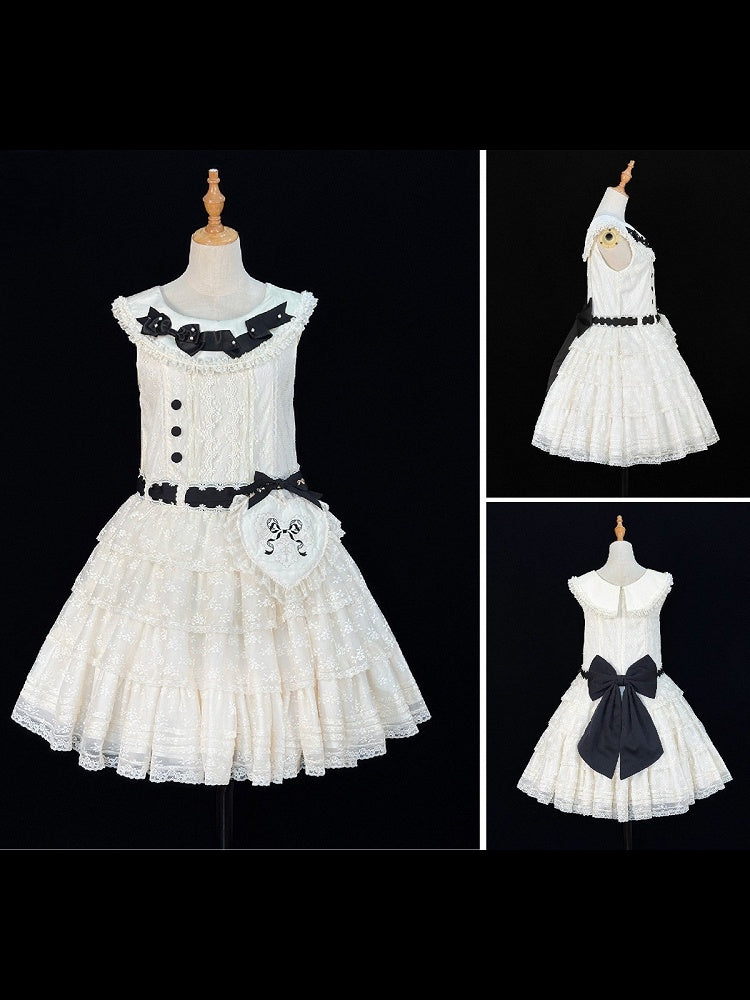 Timeless Beige & Black Lolita JSK Gown with Heart Waist Pouch and Delicate Lace - Miss Cube Dressworks