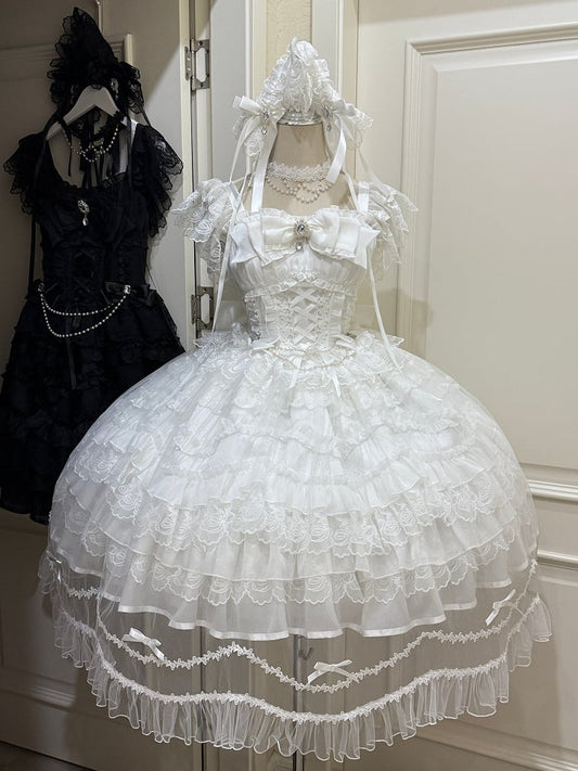 Multi-Layer JSK + Lace Dress Bows Details White / Pure Hanayome-Style Full Overlay Rhinestone Lolita with Set