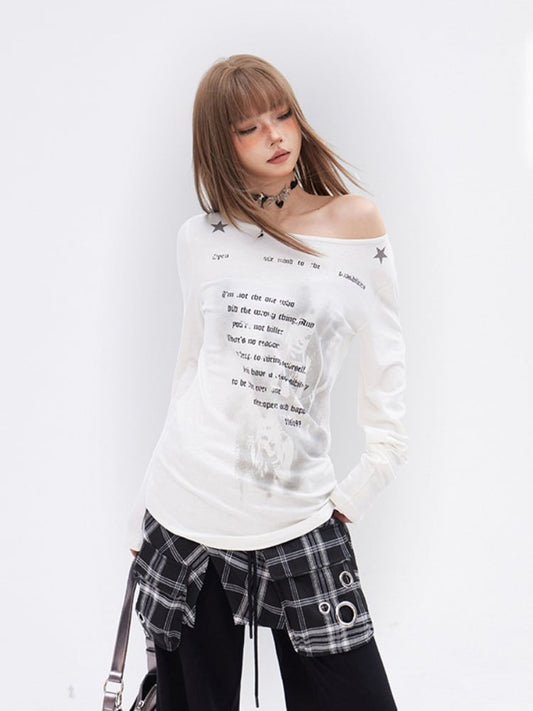 Glamorous – Bedrucktes Top mit weißem, asymmetrischem Ausschnitt