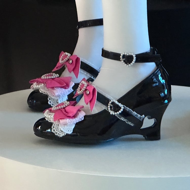 Kei Heels Janes and Shoes Pink Black Jirai Gyaru Heart Fashion Wedge Cut-out Mary