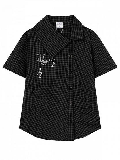Black Asymmetrical Short Sleeve Top with Kitty Embroidery - Languid Park