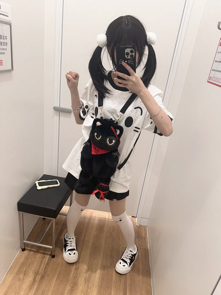 Cotton Print Crewneck Design T-shirt White with Emoji Paw Cat