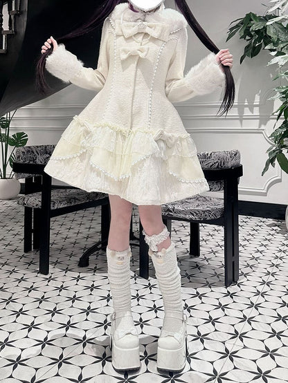 Jirai Kei Pink / Beige Mid-Length Padded Coat with Plush Accents and Sweet Lace Trim