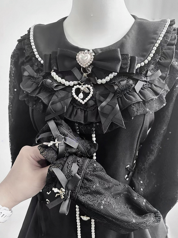 Black Jirai-Kei Lace Long Sleeve Dress with Bow & Bead Decorations + Shorts - AOSpace