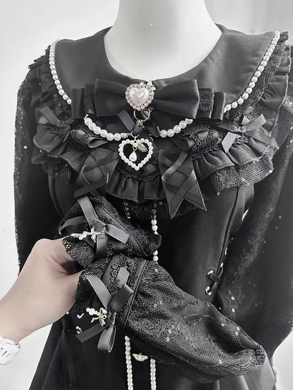 Black Jirai-Kei Lace Long Sleeve Dress with Bow & Bead Decorations + Shorts - AOSpace