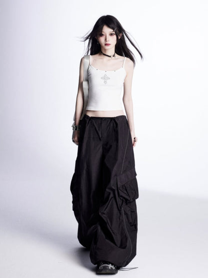 Weite Cargohose mit Kordelzug an den Bündchen Vintage Schwarz Niedrig