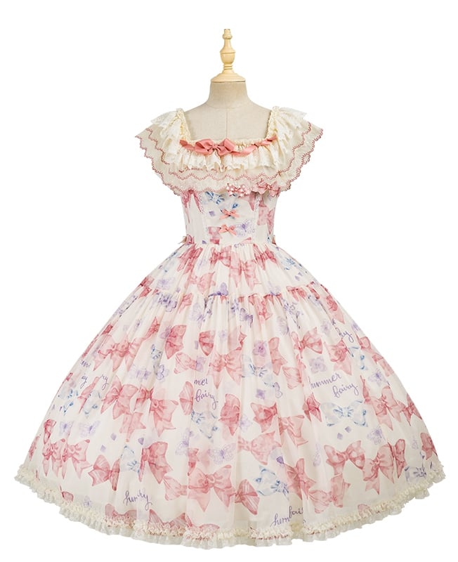 Pink Bows and Butterfly Print Lolita Dress Two Ways Wear Neckline