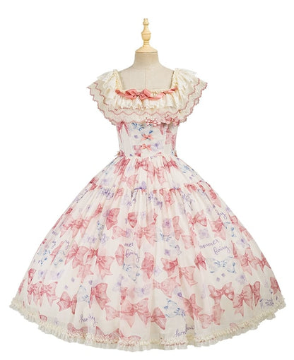 Pink Bows and Butterfly Print Lolita Dress Two Ways Wear Neckline