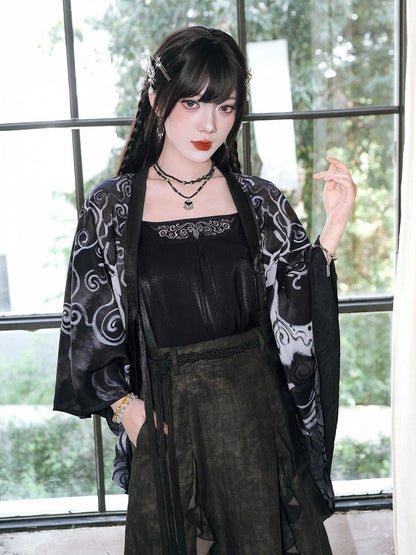 Chinese Gothic Black Chiffon Cardigan with Deer Print - Quirky Hut