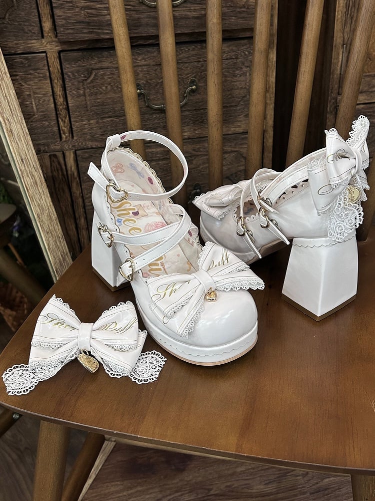 Block Heels Schnallen Hohe Schleife Abnehmbare Crisscross Design Weiß Top Herz bei