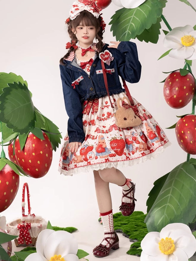 Frühlings-Erdbeer- und Kaninchen-Print, Spitzenbesatz, Schleife, Akzente, Beige, süßes Lolita-Kleid, einteilig