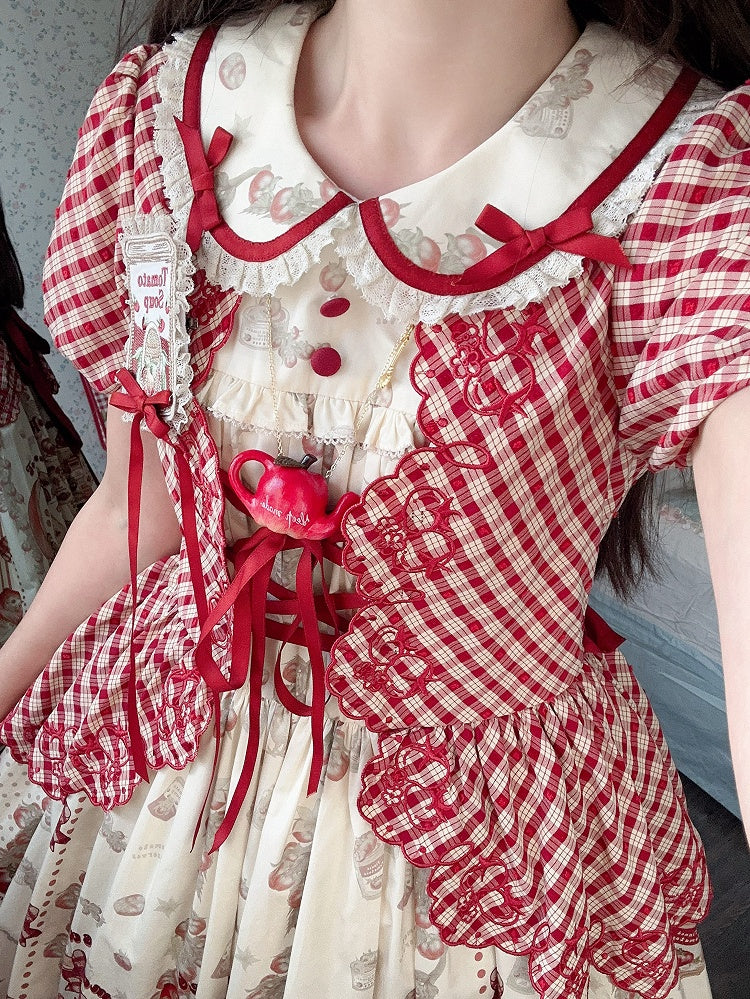 Pattern and Print Tinned Tomatoes Plaid Sleeve Red Country Lolita Short Dress