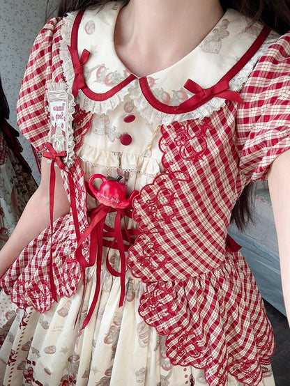 Pattern and Print Tinned Tomatoes Plaid Sleeve Red Country Lolita Short Dress