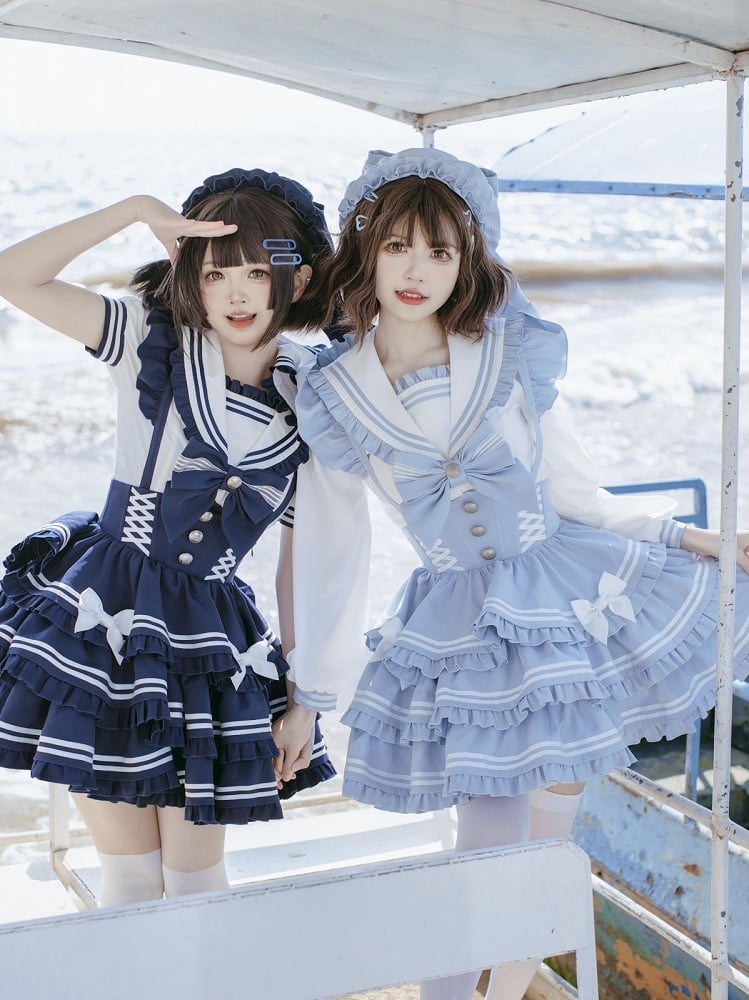 Overalls Light Flutter Sleeves Bow Accents Tiered Skirt Sweet Blue Lolita Dress