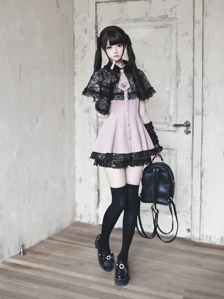 Stripe Dress Set with Lace Cape and Tie - Ekomi