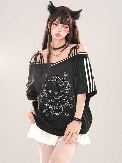 Schwarz/weißes Top mit schulterfreiem Ausschnitt und Kätzchen-Print