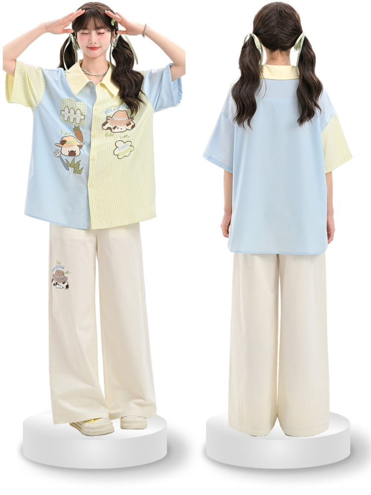 Taille Cartoon Tier Stickerei Regelmäßige/Lange Weite Bein Hosen Beige Hohe Version