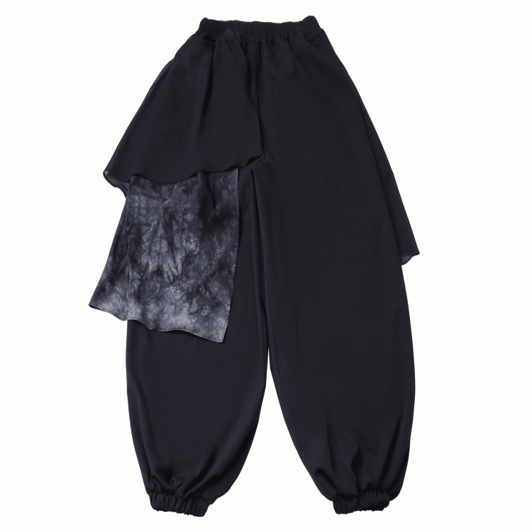 Casual Pants Elastic Waist and Cuffs Dye Black Style Tie Mesh Patchwork Cheongsam