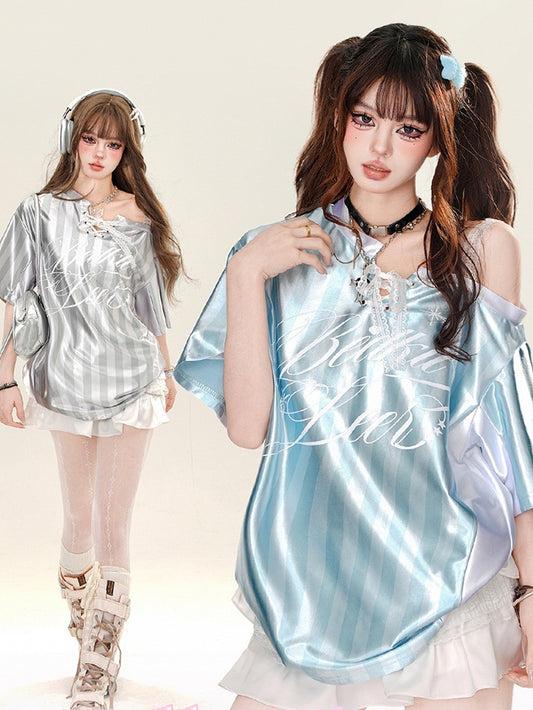 Grau/blaues, gestreiftes, sportliches Oberteil mit Schnürdetail und asymmetrischem Ausschnitt