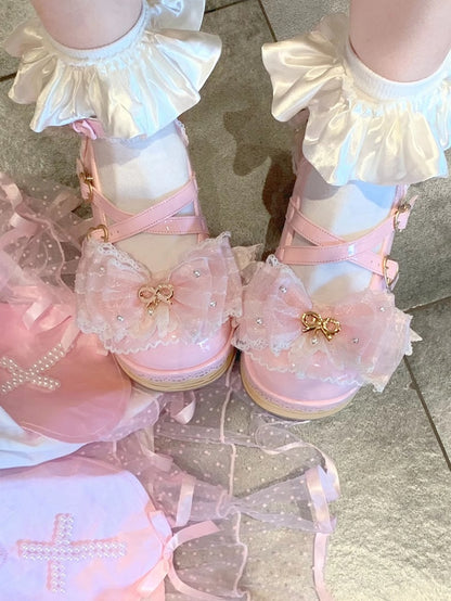 Sakura Pink Removable Bow Train and Bead Chain Hanayome Lolita Platform Shoes