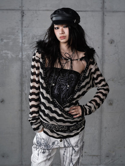 White with Vintage Set Deconstructed Fur Design Bustier Black Striped Top Faux Knit