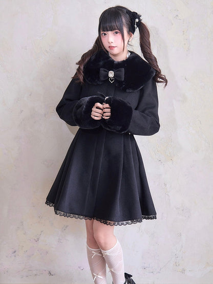Lace and Rhinestone with Cuffs Coat Collar Fuzzy Kei Accent Bow Black Jirai Trim
