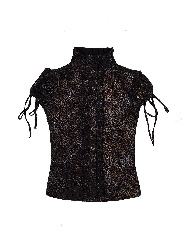 Puff Gyaru with Print Fashion Sleeves Y2K Sleeve Ruffle Top Punk Short Black Trim Leopard
