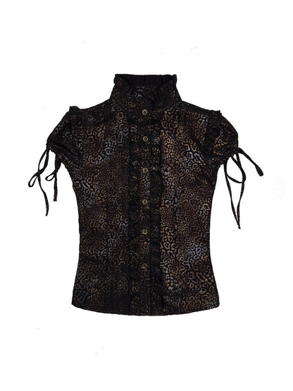 Puff Gyaru with Print Fashion Sleeves Y2K Sleeve Ruffle Top Punk Short Black Trim Leopard