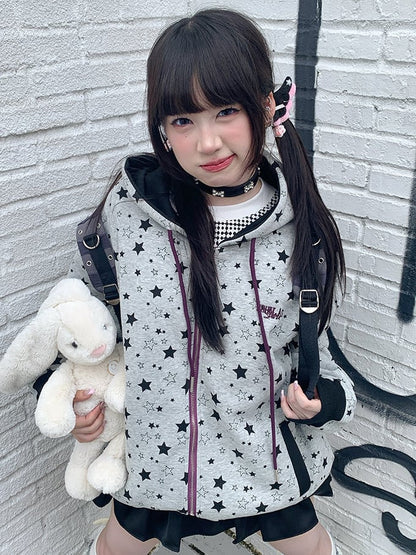 Grey Y2K Hoodie Jacket with Star-print