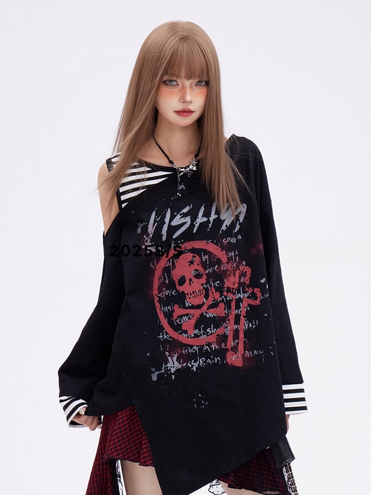 Print Skeleton Punk Top Faux Two-pieces Glamorous Black Asymmetrical Neckline and Hem - 11shop97