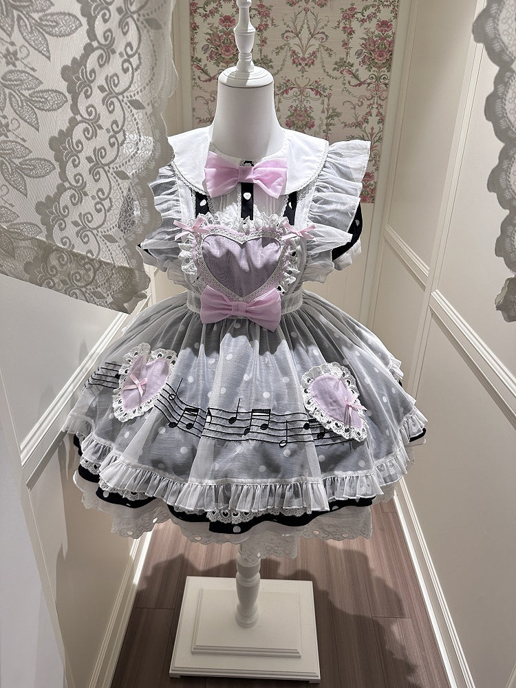 Lace 	Peter Trim Collar Bow Dot Polka Pink with Black Dress Heart Pan Cut-Out