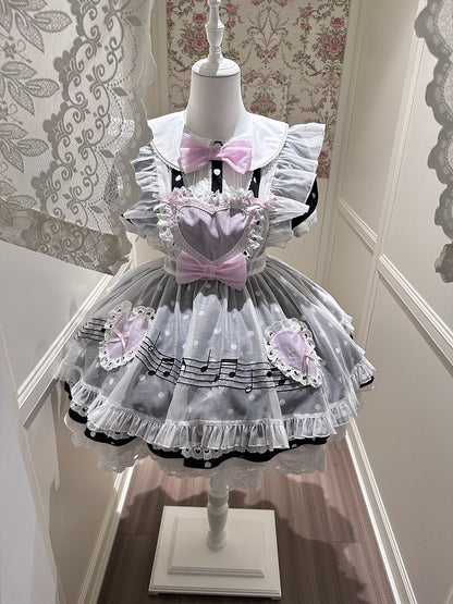 Lace 	Peter Trim Collar Bow Dot Polka Pink with Black Dress Heart Pan Cut-Out