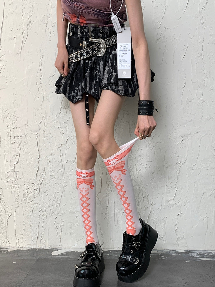 Stockings WhiteOrange Banded Bunny Y2K Underknee Print Crisscorss And Bowknot