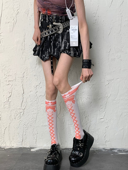 Stockings WhiteOrange Banded Bunny Y2K Underknee Print Crisscorss And Bowknot