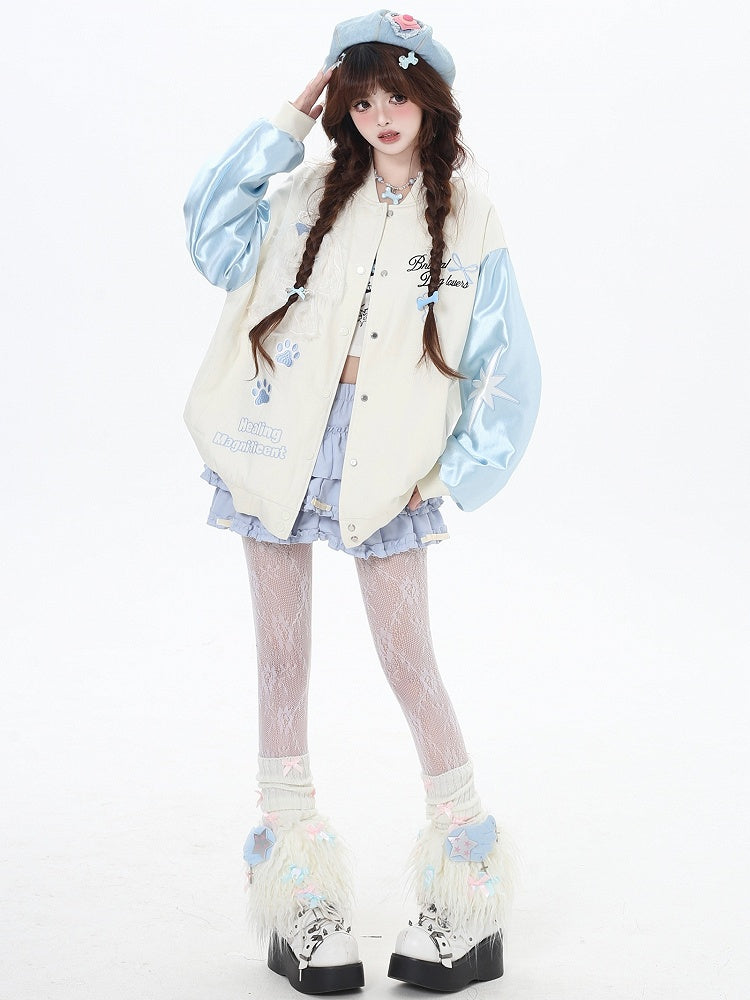 Blue and Apricot Furry Puppy Applique Baseball Jacket
