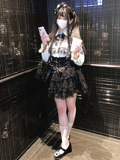 Jirai Kei Blue Heart Buckles Lace-up Detail Landmine Style High Waist Lace Tiered Skirt