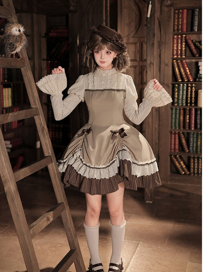 Brown Striped Faux-Layered Lolita Dress Set with Drawstring, Cape, Jabot & Mini Hat - With PUJI