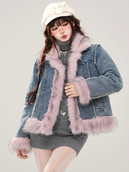 ブルーフェイクファートリム厚手デニムジャケット