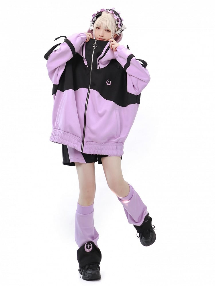 Jirai Black Front and Jacket Zip Purple Up Sleeves Kei Sweatershirt Long