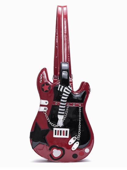Red Sweetheart Black Guitar-shaped Design Star Embroidered Bag