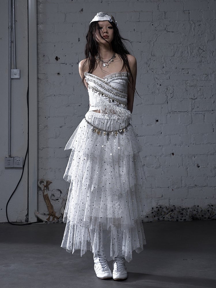 Black/White Crossover Design Bead Hem Details Fringe Baroque