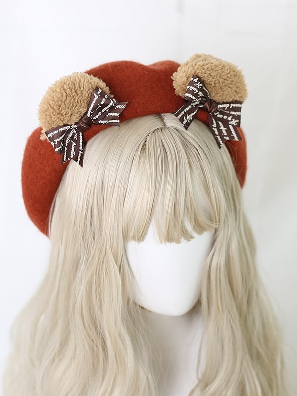 Detachable Beret Bowknot Coffee Cute Ear 4 Colors Lolita With Bear