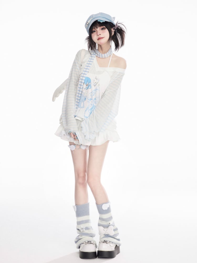 デザインカラーブロックカバーアップ ブルー/ピンク ラウンドネック 漫画ガールプリント セミシアー