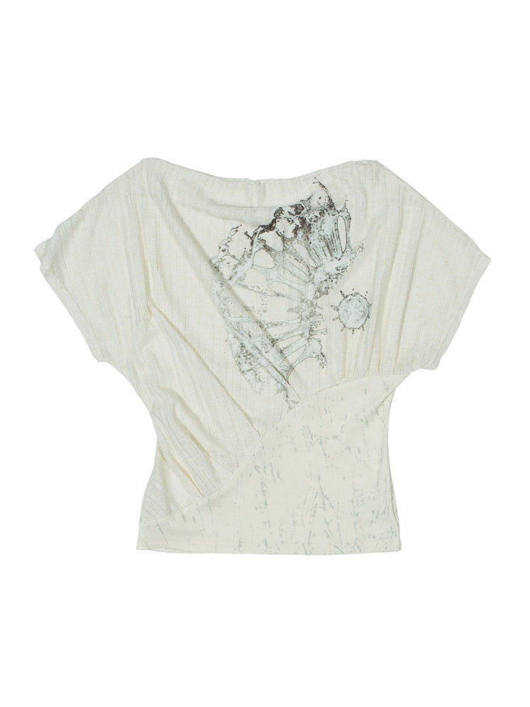 Punk with Semi-Sheer Apricot Top Off-Shoulder Prints Ruched